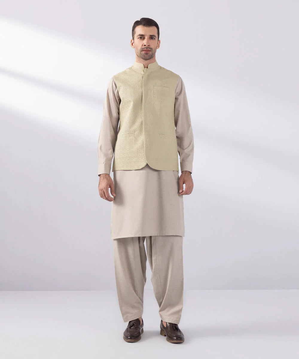 Beige Schiffli Embroidered Waistcoat
