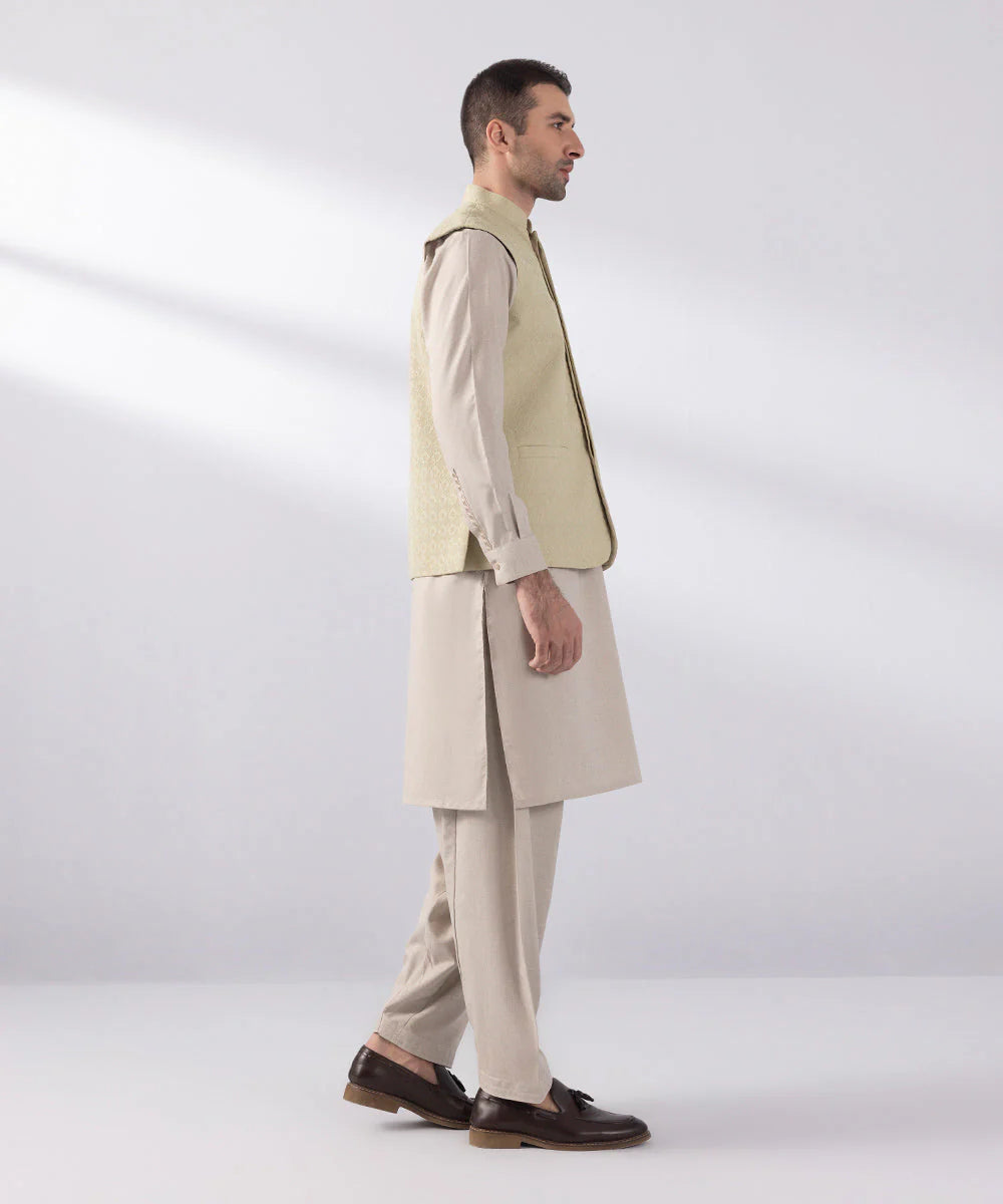 Beige Schiffli Embroidered Waistcoat