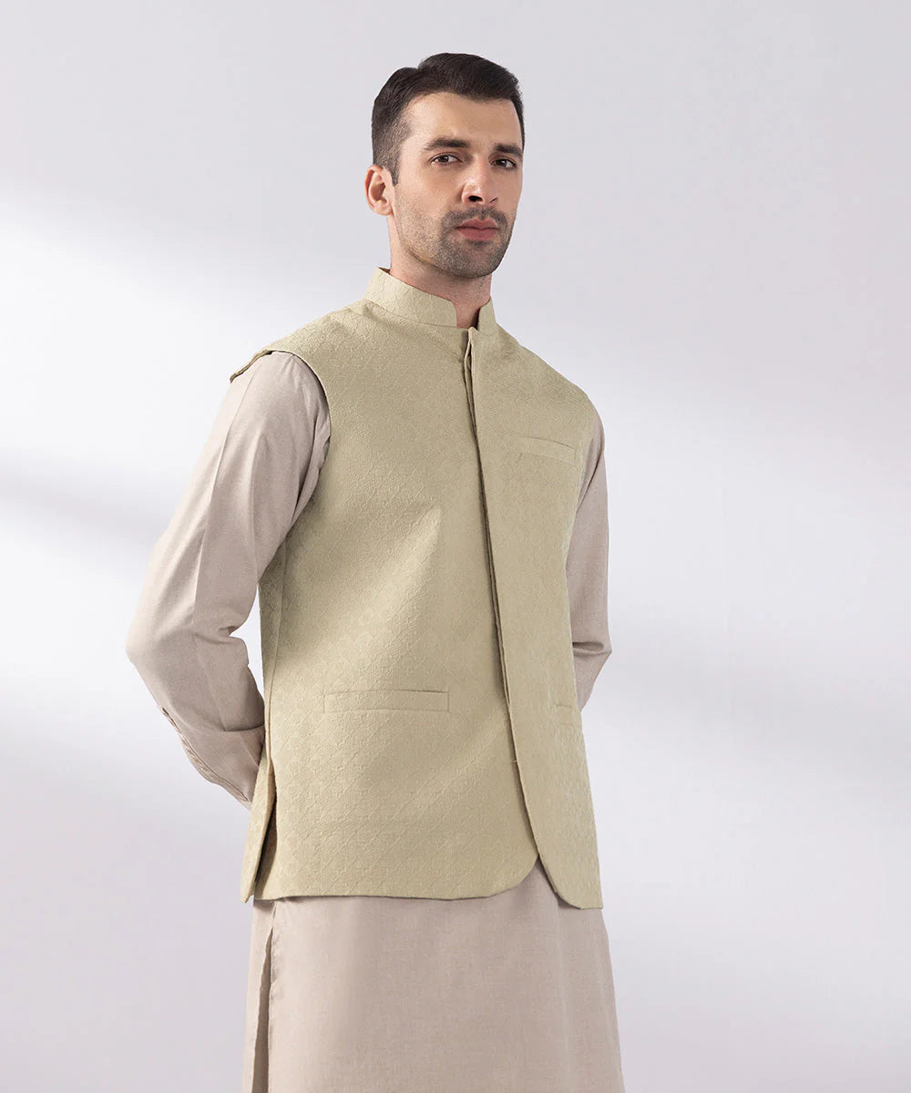 Beige Schiffli Embroidered Waistcoat