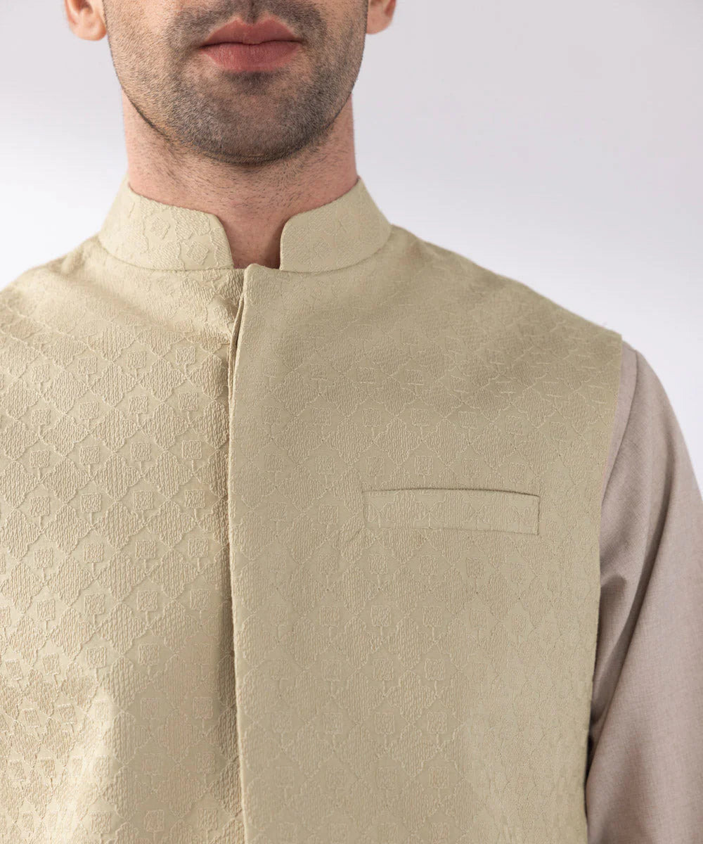 Beige Schiffli Embroidered Waistcoat