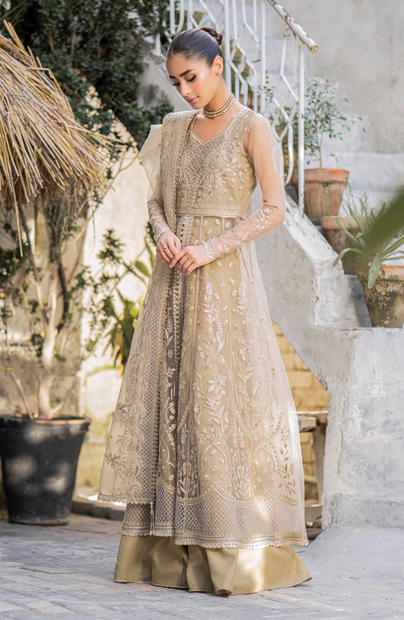Hema | Gold Embroidered Net Sharara