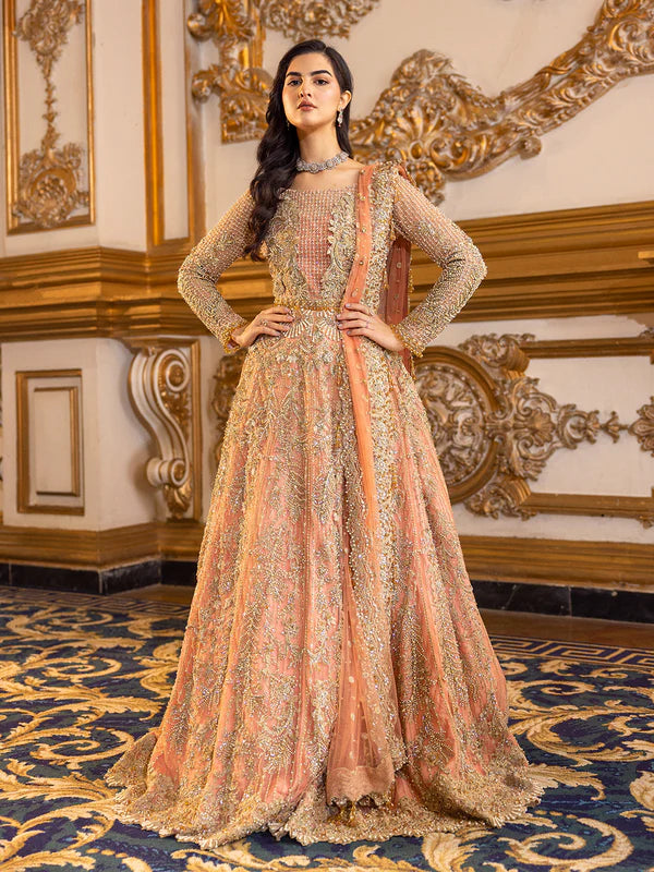 Soiree | Coral Net Embellished Flared Lehenga