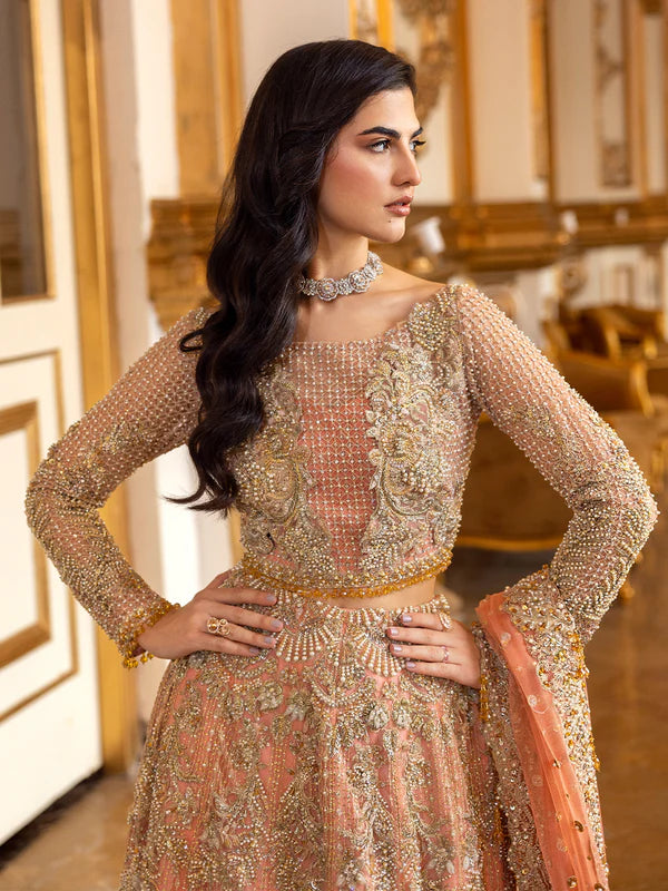 Soiree | Coral Net Embellished Flared Lehenga