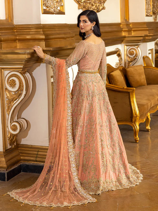 Soiree | Coral Net Embellished Flared Lehenga