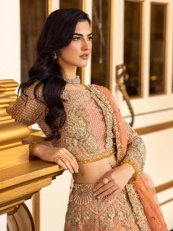 Soiree | Coral Net Embellished Flared Lehenga