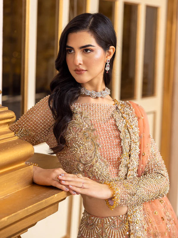 Soiree | Coral Net Embellished Flared Lehenga