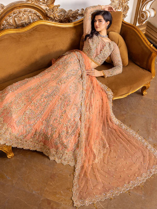 Soiree | Coral Net Embellished Flared Lehenga