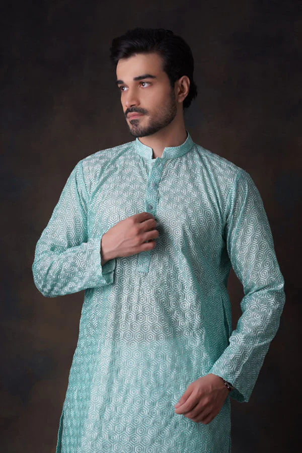 Turquoise Embroidered Kurta and Waistcoat Set