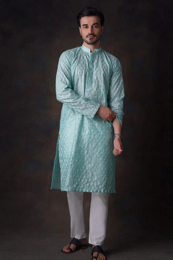 Turquoise Embroidered Kurta and Waistcoat Set