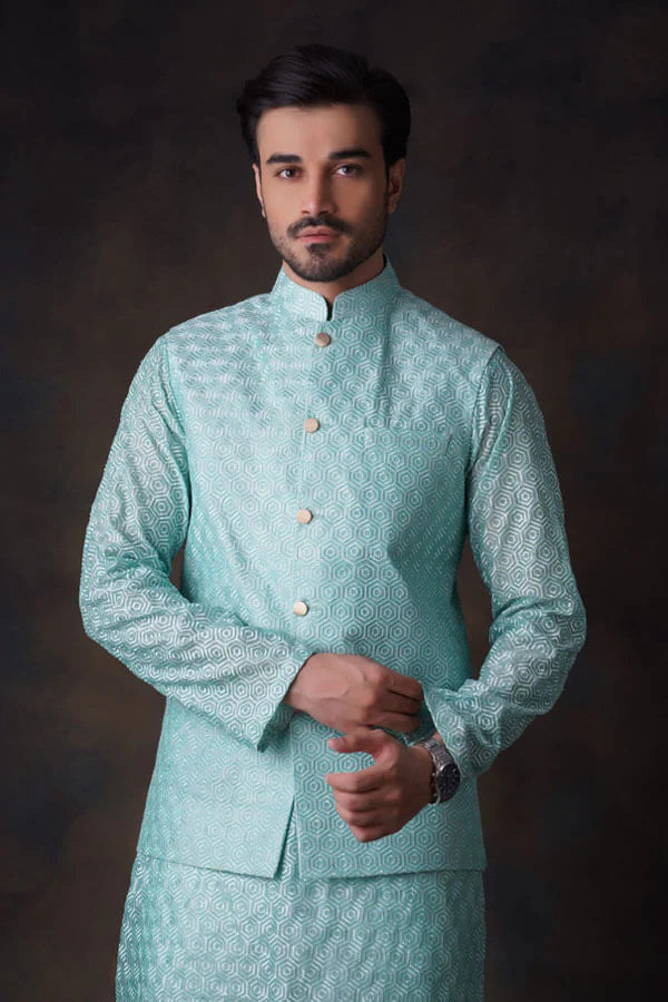 Turquoise Embroidered Kurta and Waistcoat Set
