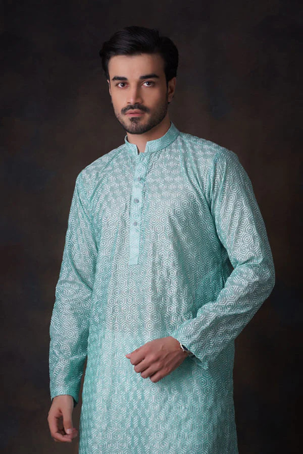 Turquoise Embroidered Kurta and Waistcoat Set