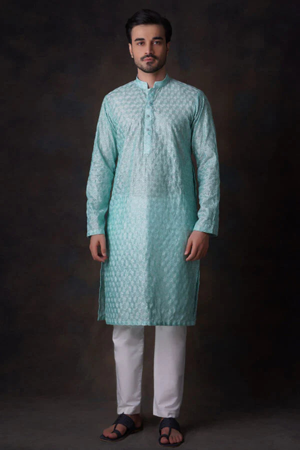 Turquoise Embroidered Kurta and Waistcoat Set