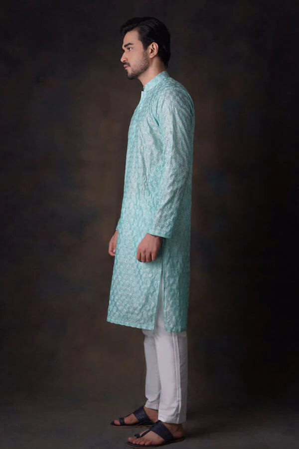 Turquoise Embroidered Kurta and Waistcoat Set