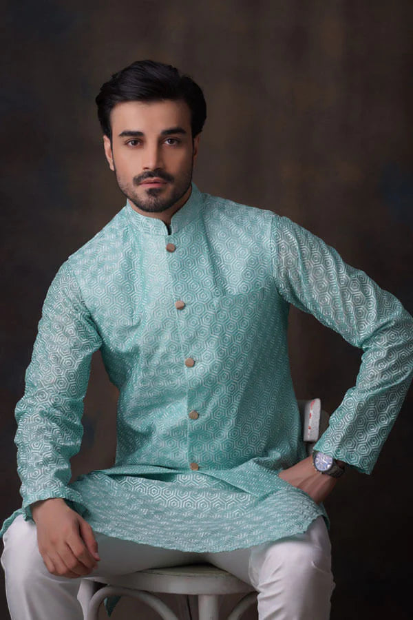 Turquoise Embroidered Kurta and Waistcoat Set