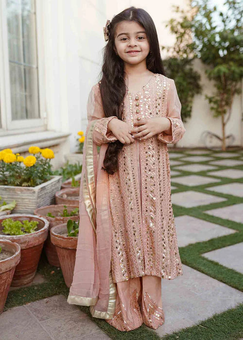 Ufaq | Girls Peach Chikankari Embellished Gown