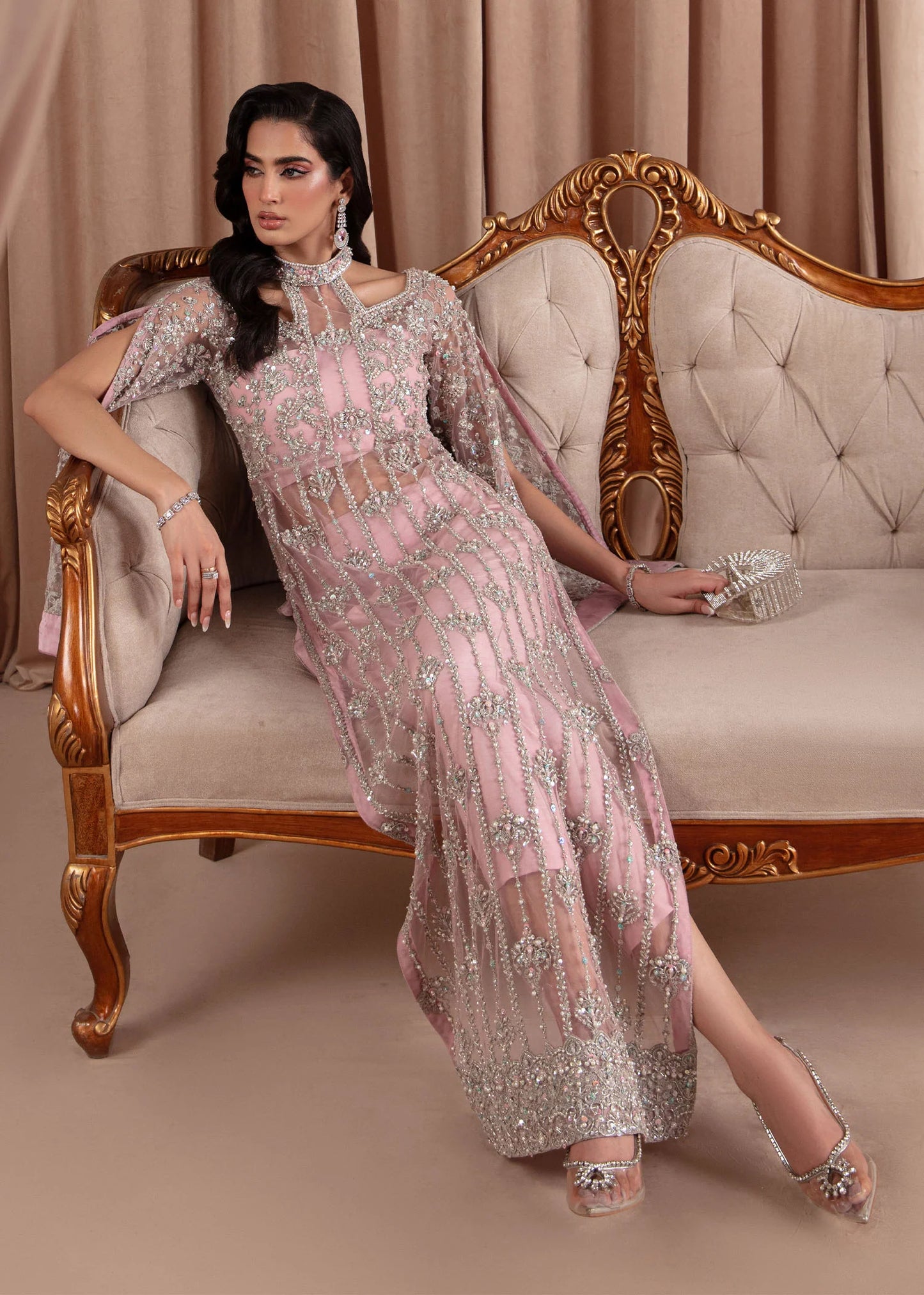 Valentina | Pink Net Embellished Long Dress