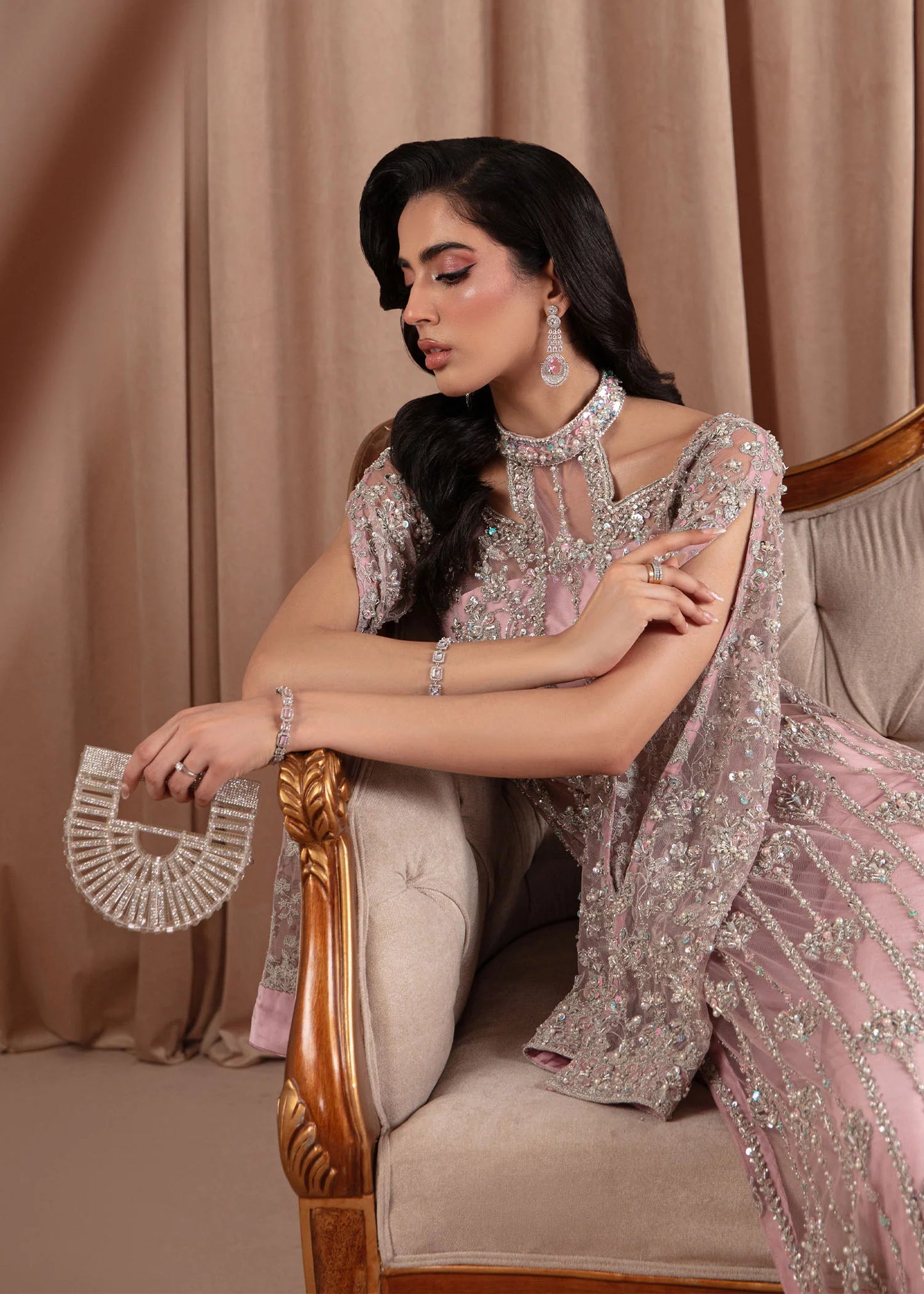 Valentina | Pink Net Embellished Long Dress