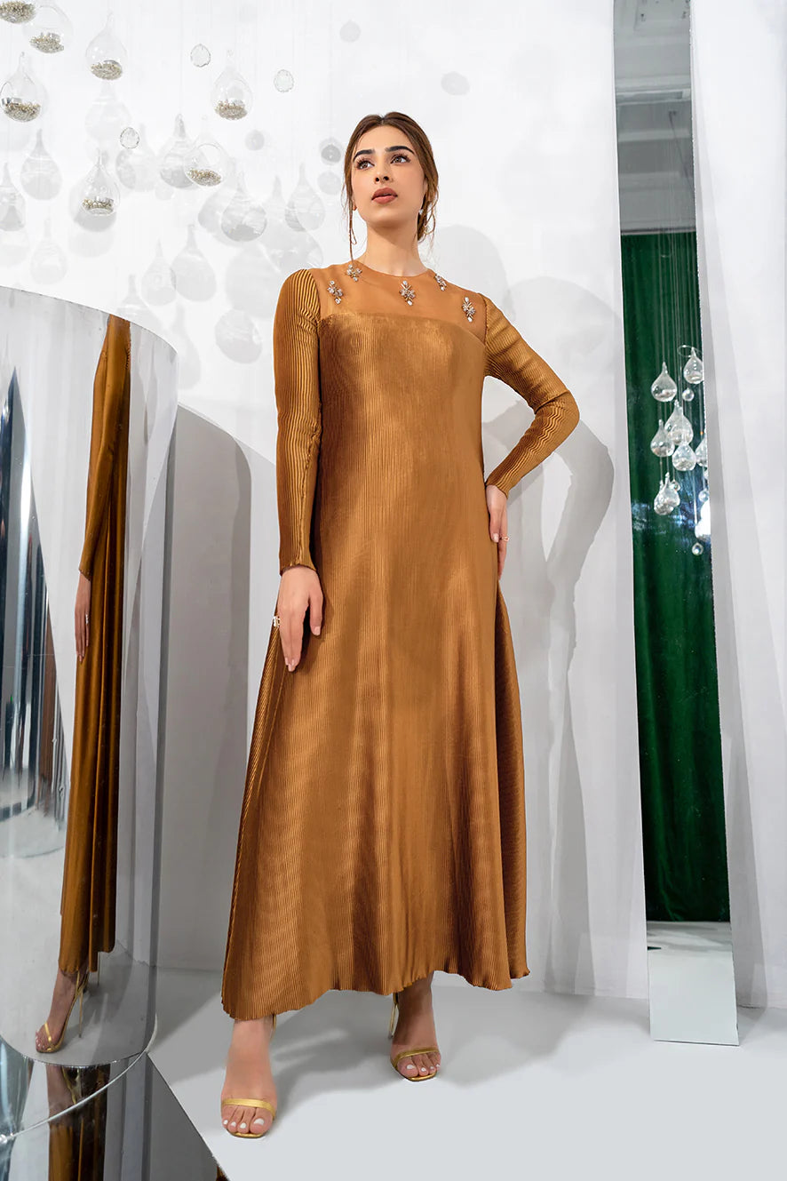 Sarina | Gold Pleated Silk Dress