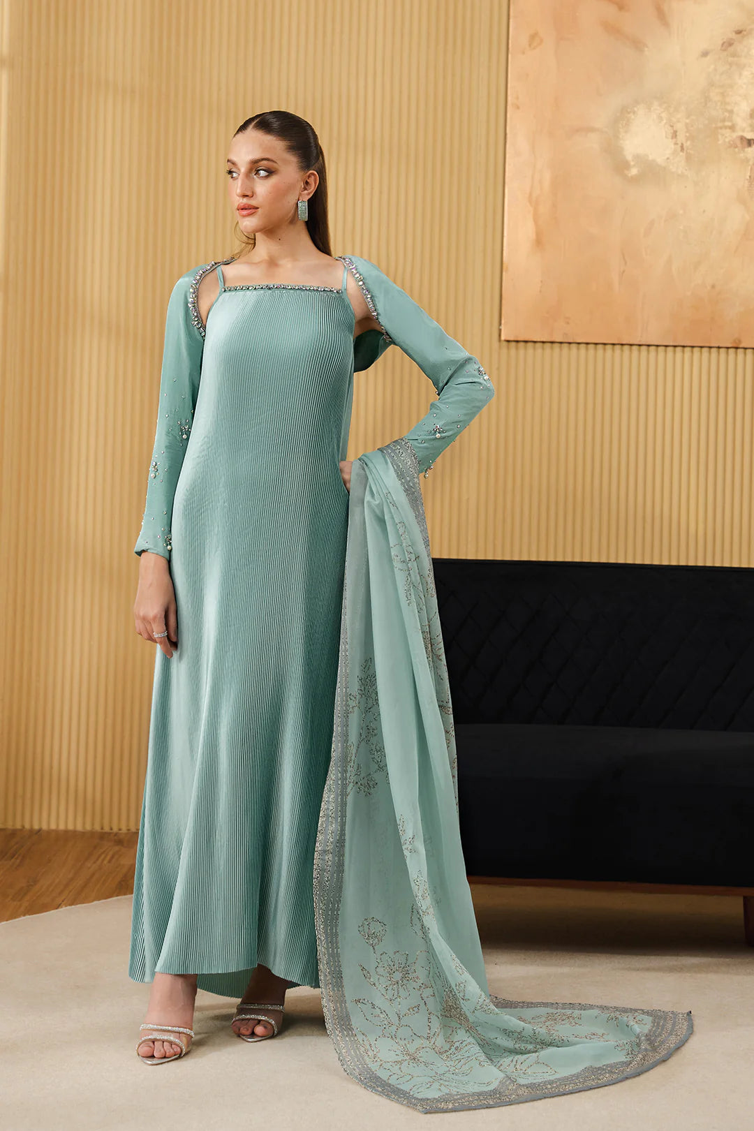 Duan | Mint Green Pleated Charmeuse Silk Dress