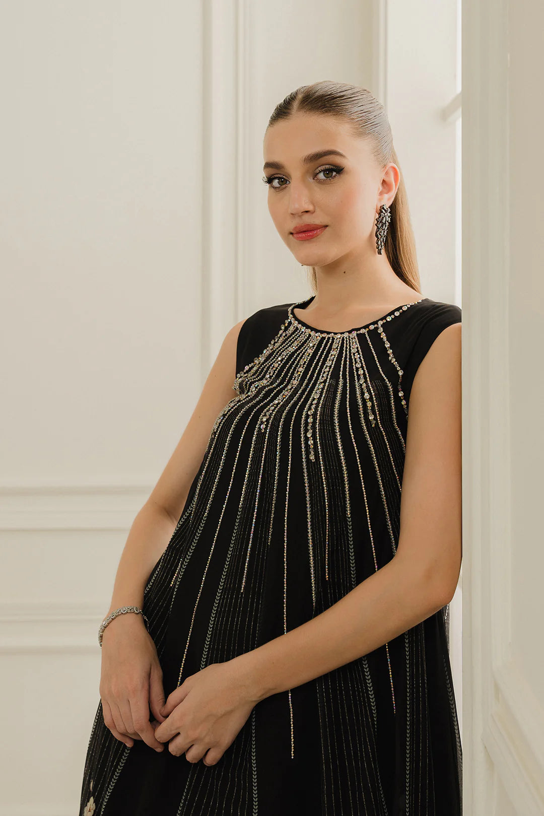 Miril | Black Embellished Sleeveless Georgette Chiffon Floral Dress