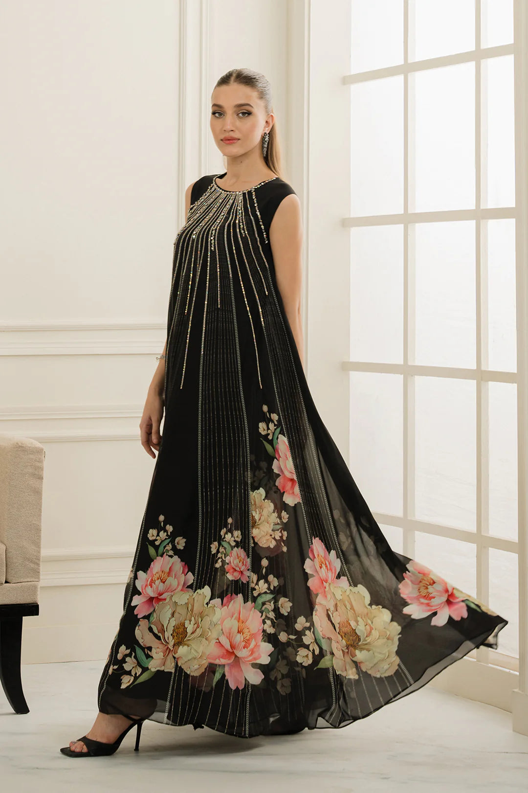 Miril | Black Embellished Sleeveless Georgette Chiffon Floral Dress