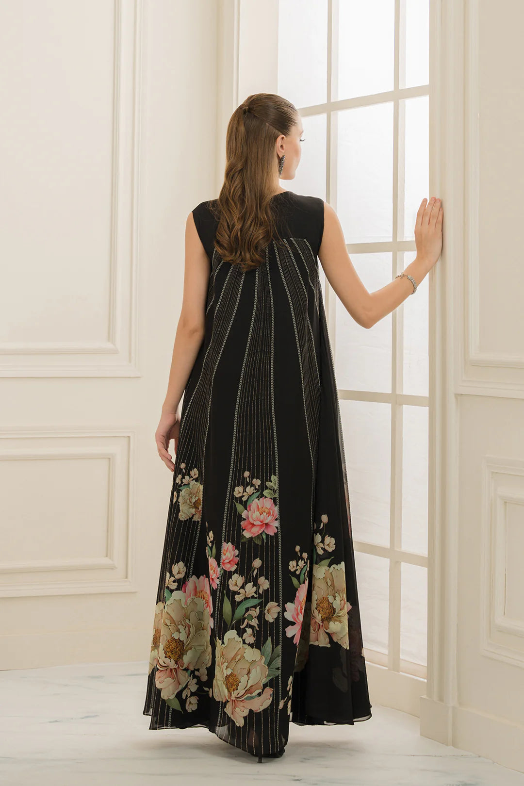 Miril | Black Embellished Sleeveless Georgette Chiffon Floral Dress