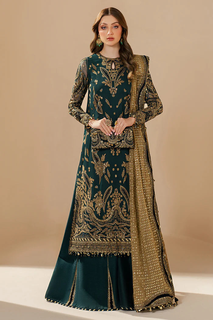 Kaya | Teal Green Embroidered Chiffon Velvet Appliqued Lehenga