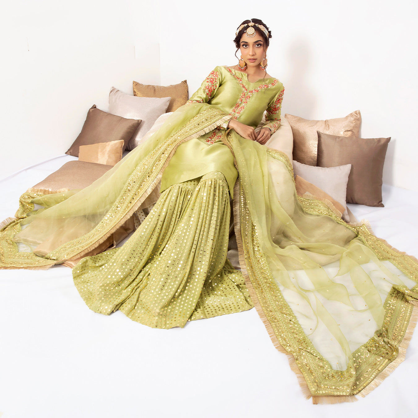 ZAINA | Green Silk Embellished Gharara