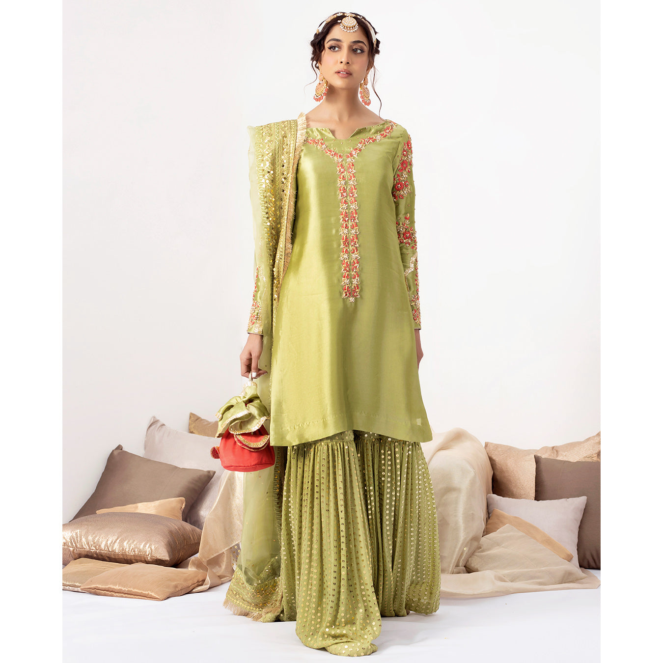 ZAINA | Green Silk Embellished Gharara