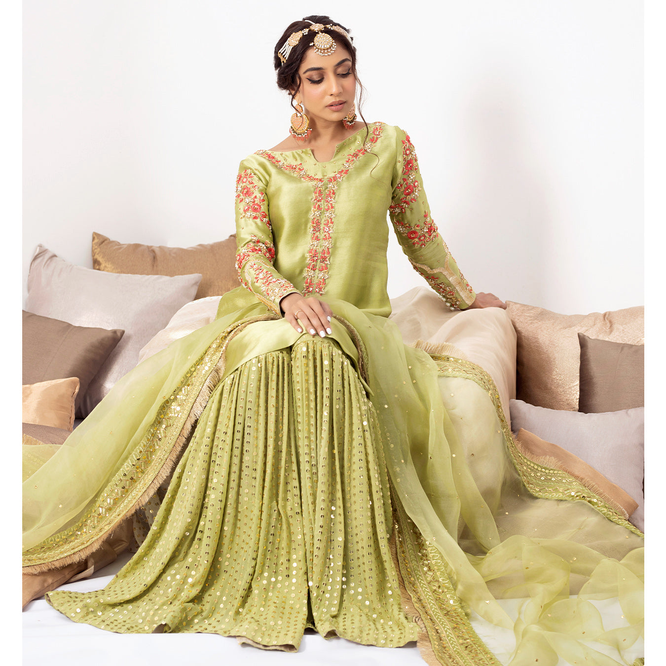 ZAINA | Green Silk Embellished Gharara