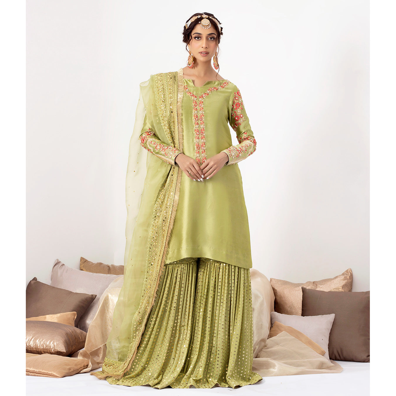 ZAINA | Green Silk Embellished Gharara