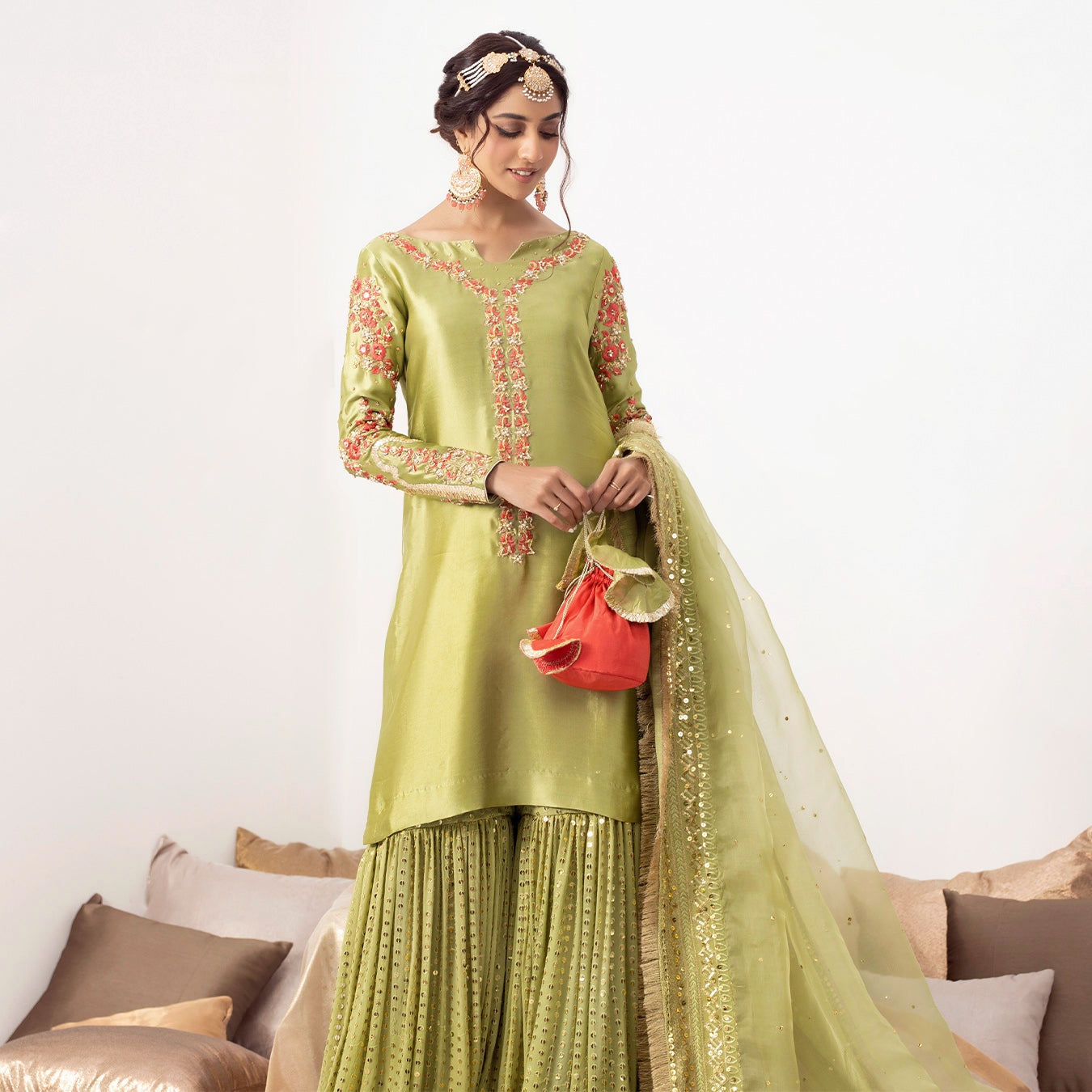 ZAINA | Green Silk Embellished Gharara