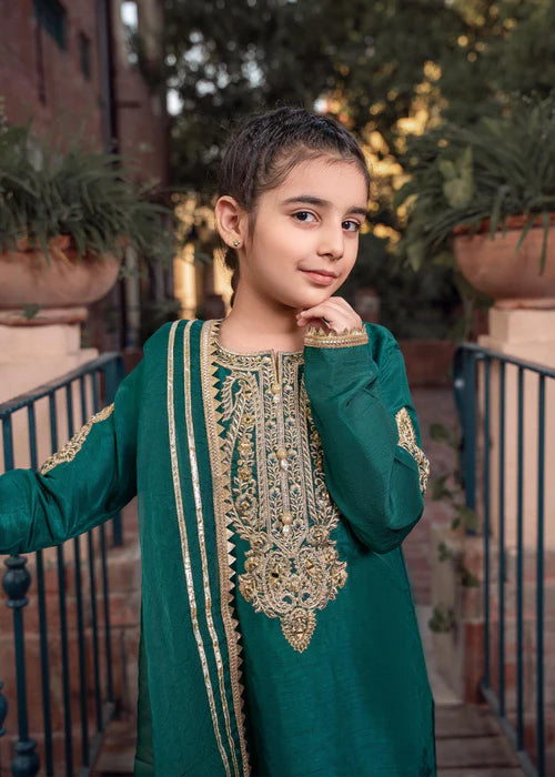 Rani | Girls Green Khaddi Silk Embroidered Suit