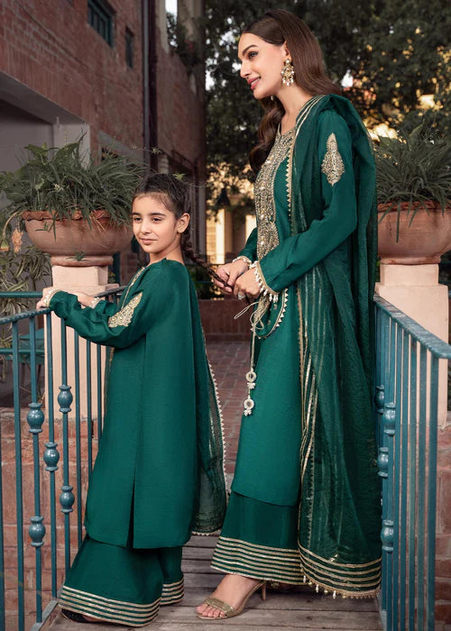 Rani | Girls Green Khaddi Silk Embroidered Suit