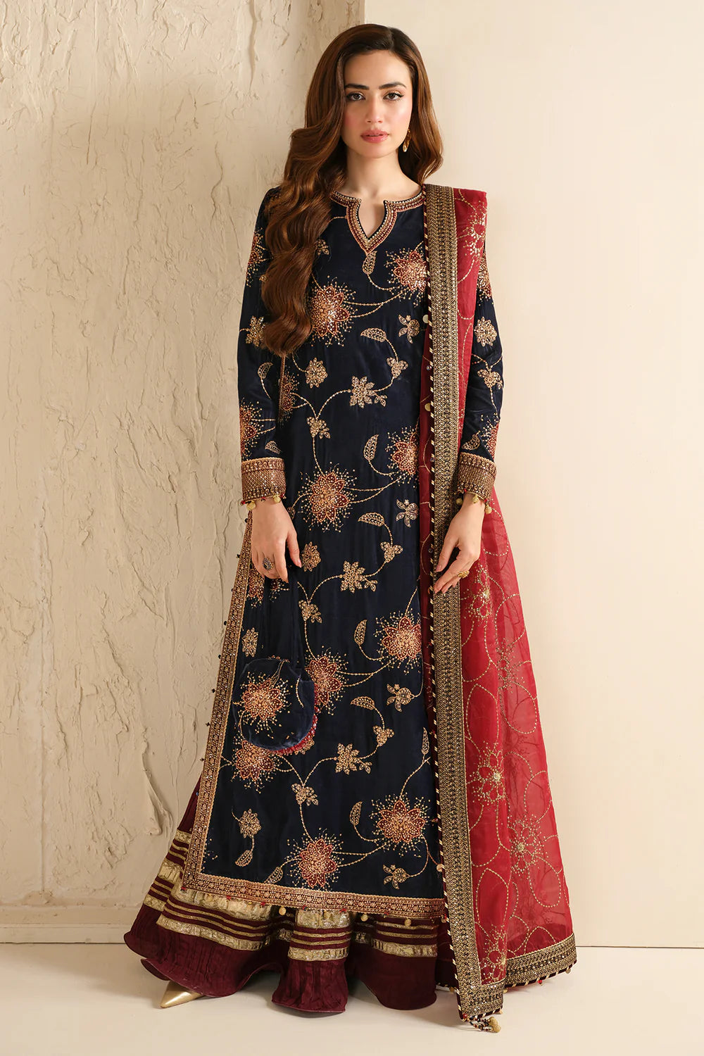 Jenene | Navy Embroidered Pure Velvet Sharara