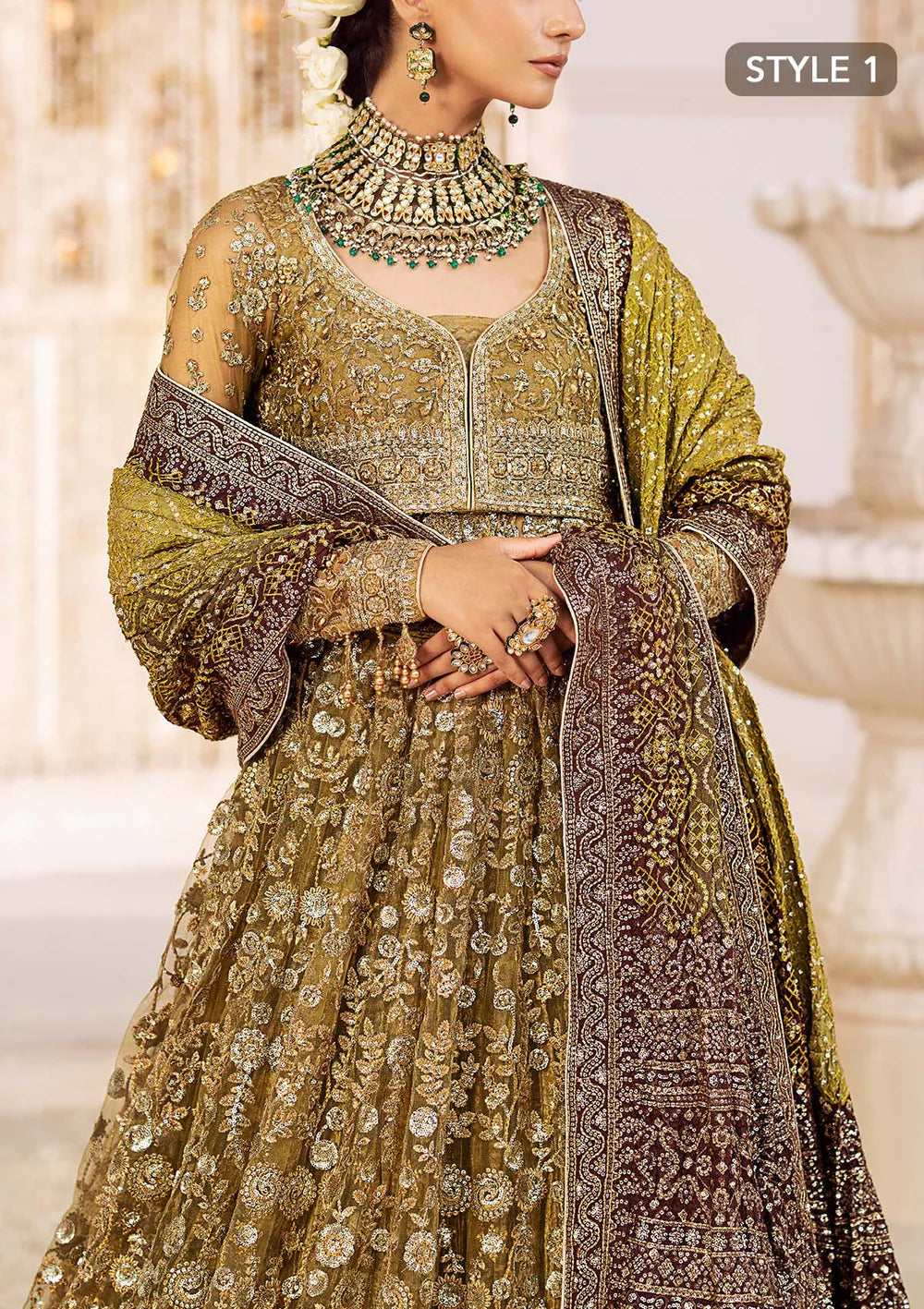 Nora | Olive Embroidered Embellished Lehenga