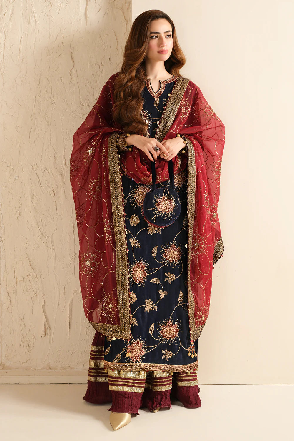 Jenene | Navy Embroidered Pure Velvet Sharara