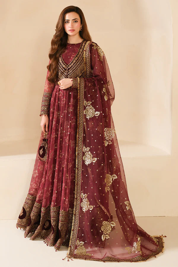 Sukhi | Maroon Embroidered Chiffon Velvet Maxi