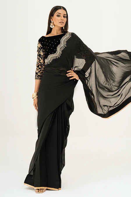 Armish | Black Velvet Embellished Saree
