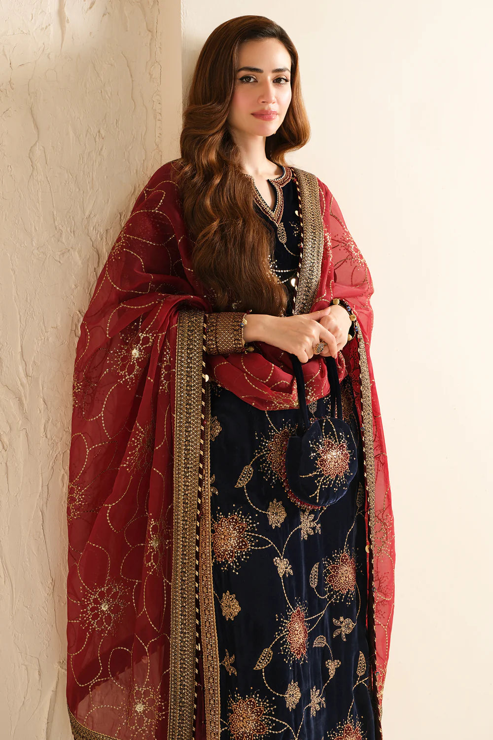 Jenene | Navy Embroidered Pure Velvet Sharara