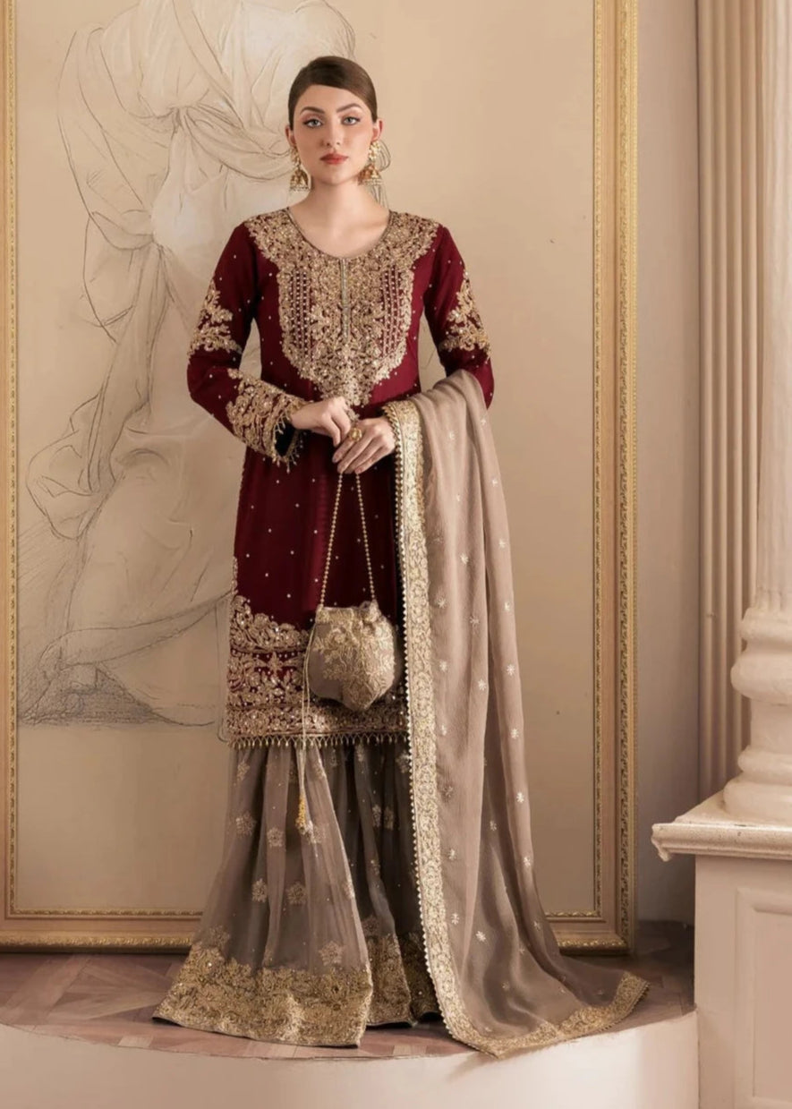 Simmi | Maroon Chiffon Embroidered Gharara