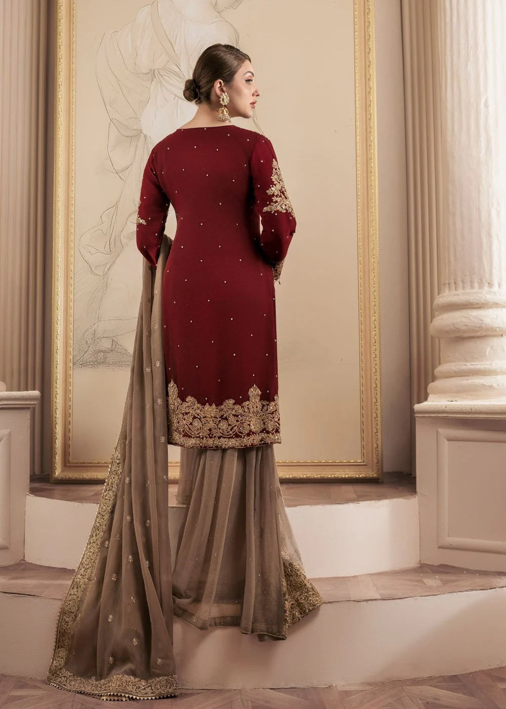 Simmi | Maroon Chiffon Embroidered Gharara