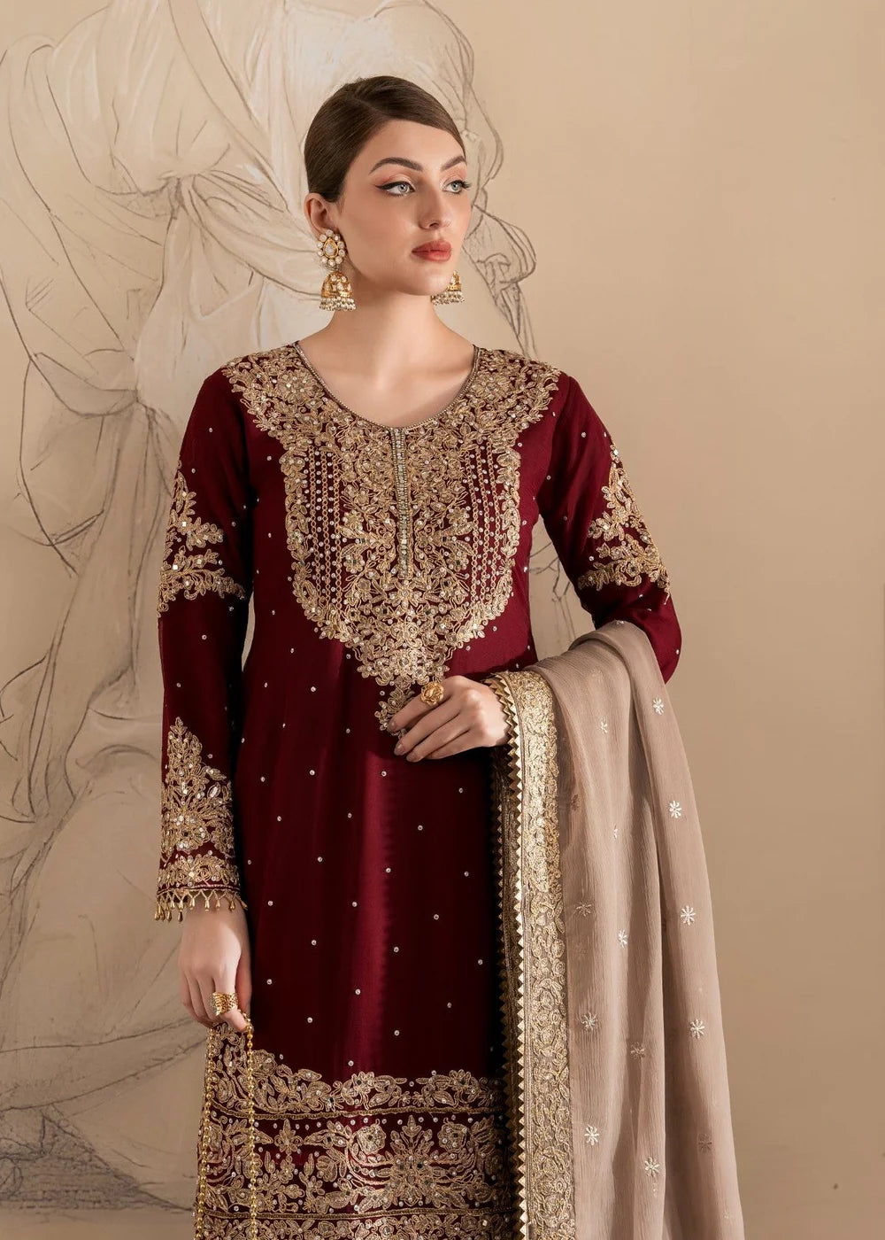 Simmi | Maroon Chiffon Embroidered Gharara