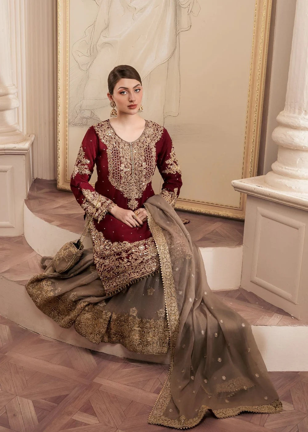 Simmi | Maroon Chiffon Embroidered Gharara