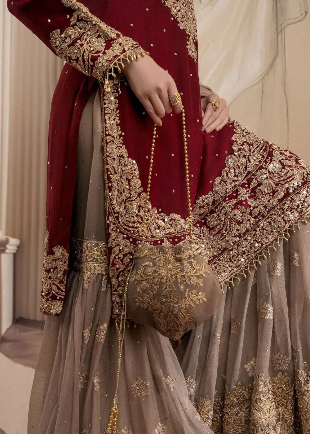Simmi | Maroon Chiffon Embroidered Gharara