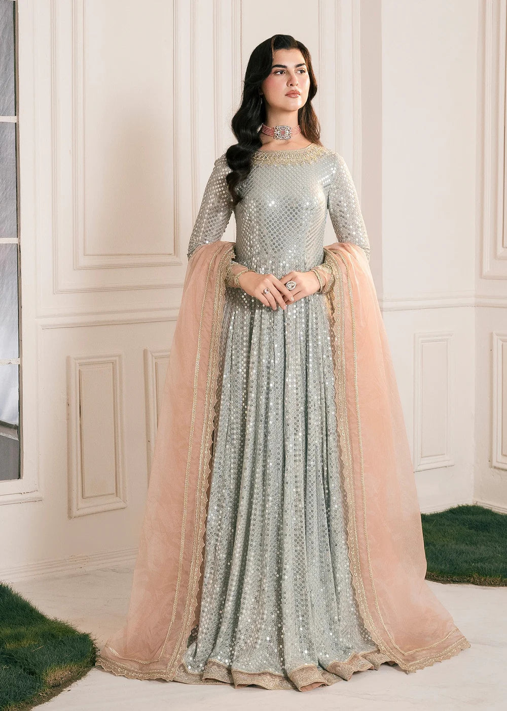 Lamya | Ice Blue Chikenkari Embroidered Pishwas
