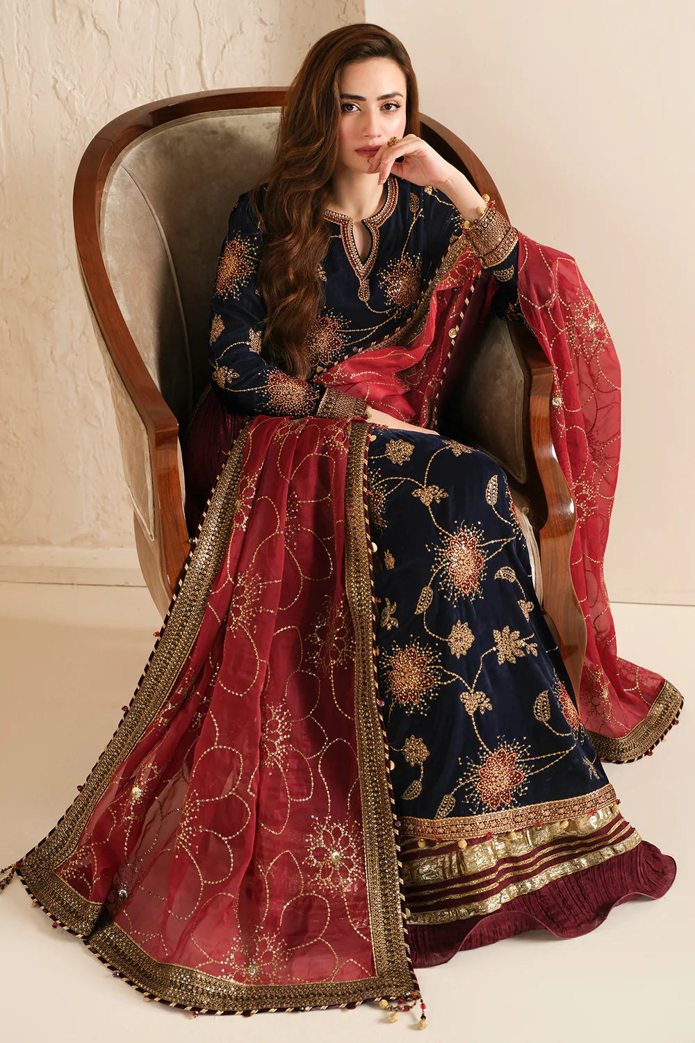 Jenene | Navy Embroidered Pure Velvet Sharara