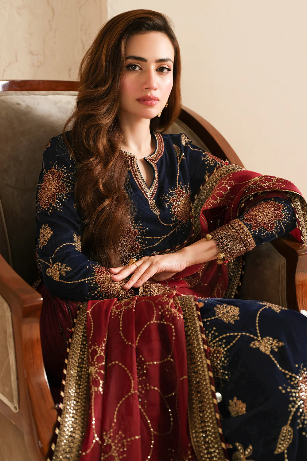 Jenene | Navy Embroidered Pure Velvet Sharara