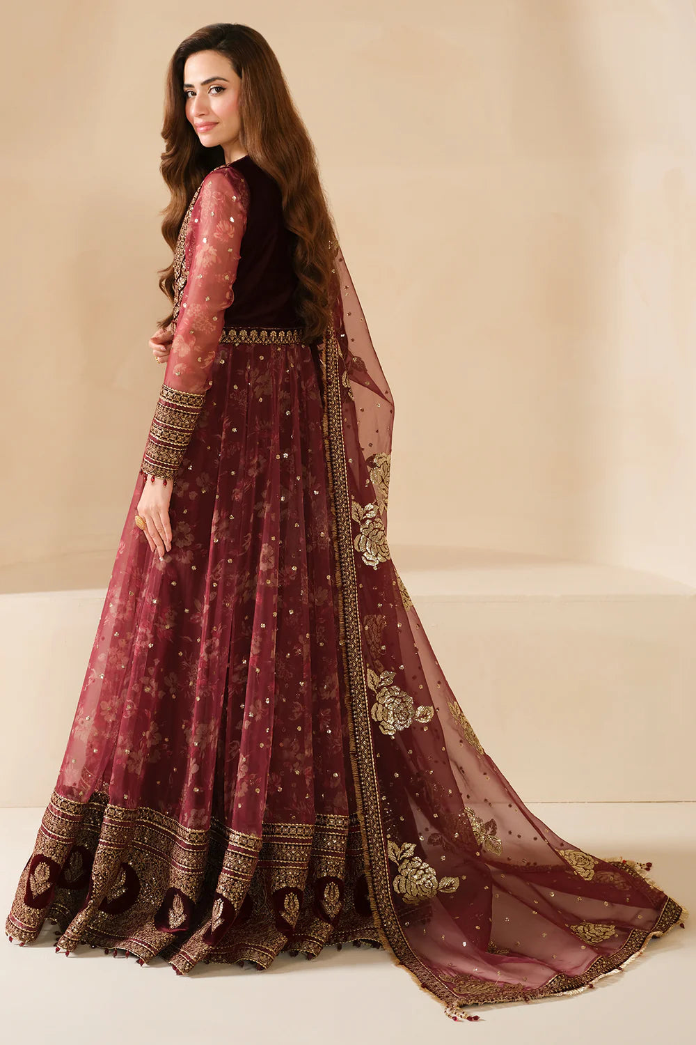 Sukhi | Maroon Embroidered Chiffon Velvet Maxi