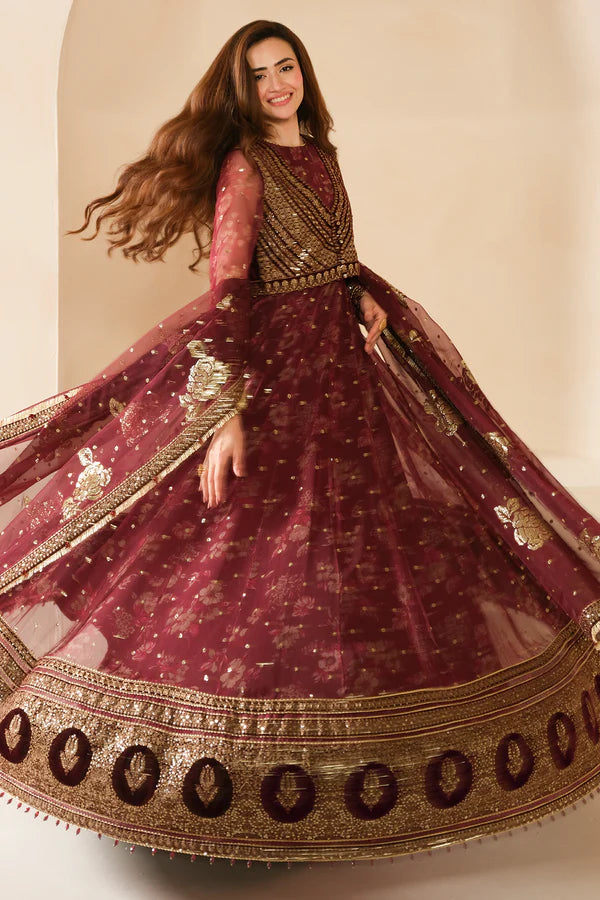 Sukhi | Maroon Embroidered Chiffon Velvet Maxi